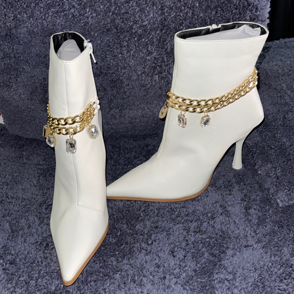 All White! Brand New Boots!! Four Gems Gold Chained inside zipper delight!!